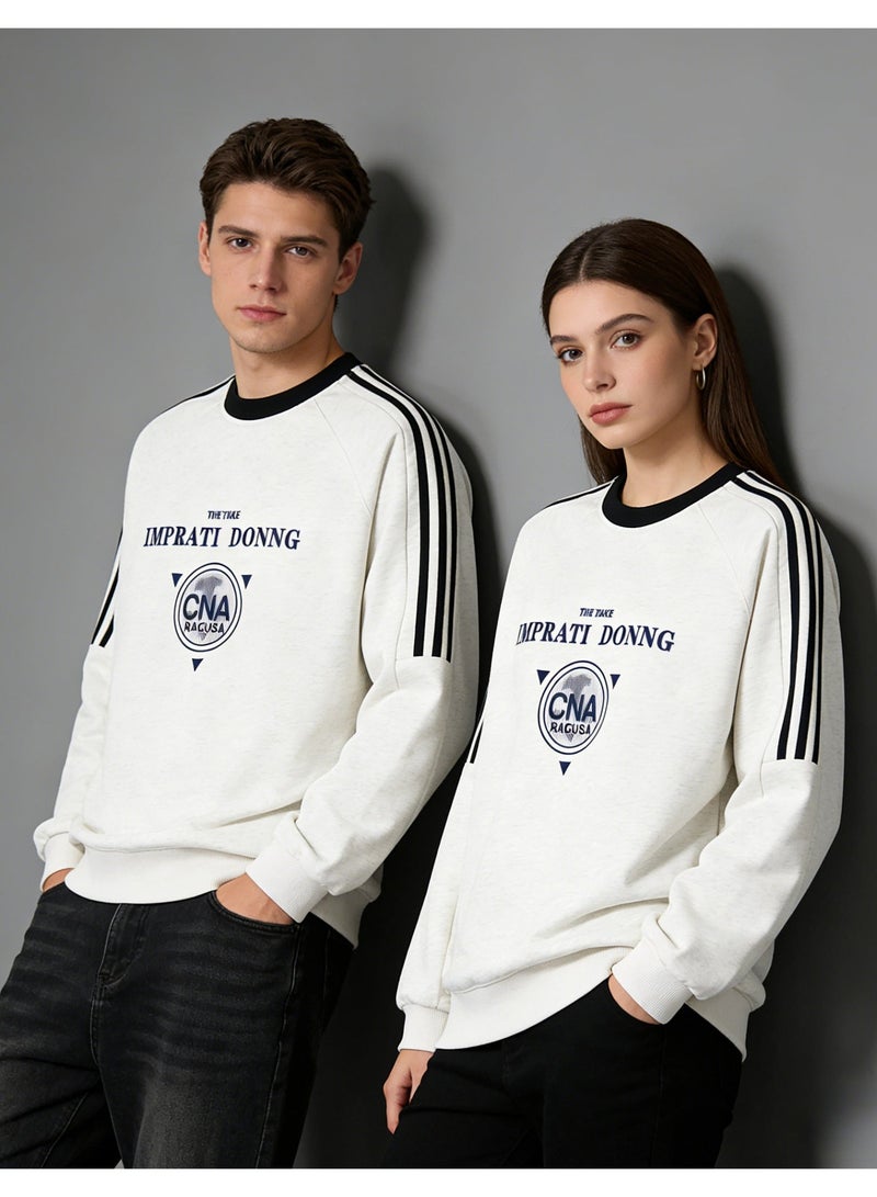 Heather White "IMPRATI DONNG" Vintage Logo Oversized Crew Neck Sweatshirt | Striped Sleeve Pullover With "CNA RAGUSA" Print - Image 1